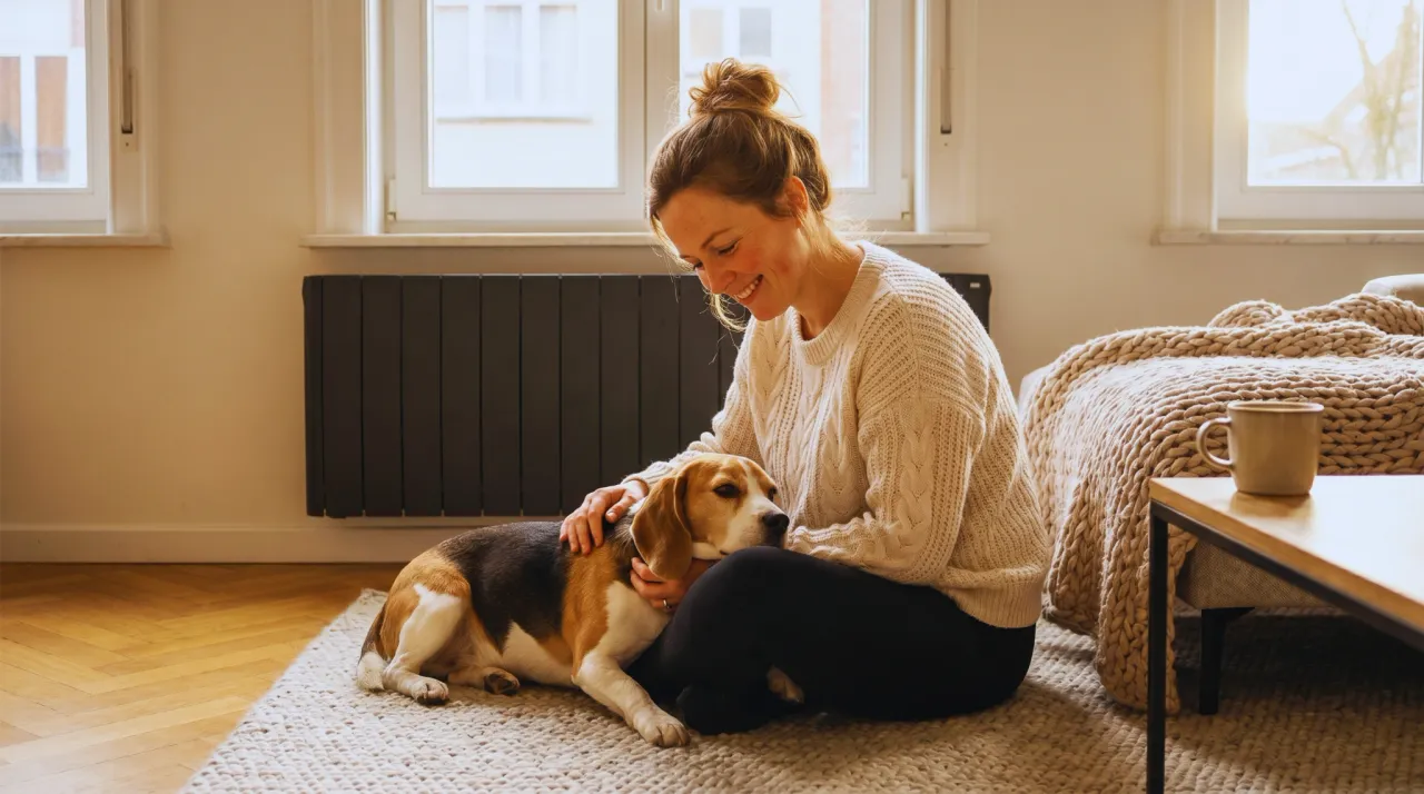 Femme et son beagle profitant de la chaleur douce d'un radiateur Eco Chaleur en pierre stéatite anthracite dans un salon belge contemporain à l'heure dorée