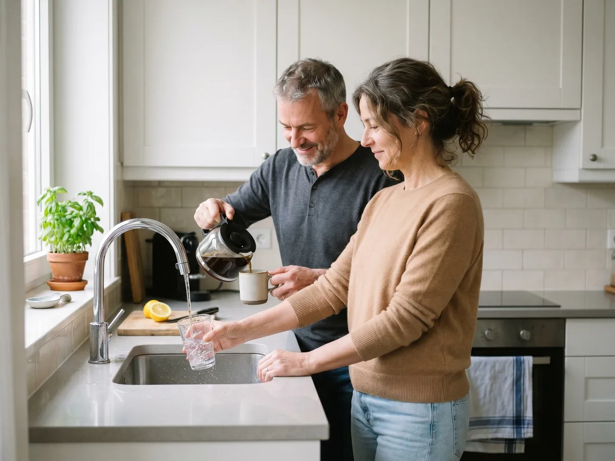 Couple belge dans leur cuisine moderne remplissant un verre d'eau au robinet
