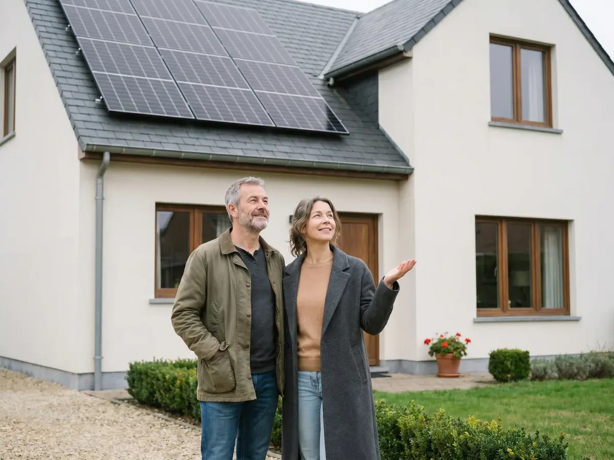 Couple belge devant leur maison équipée de panneaux solaires monocristallins en toiture