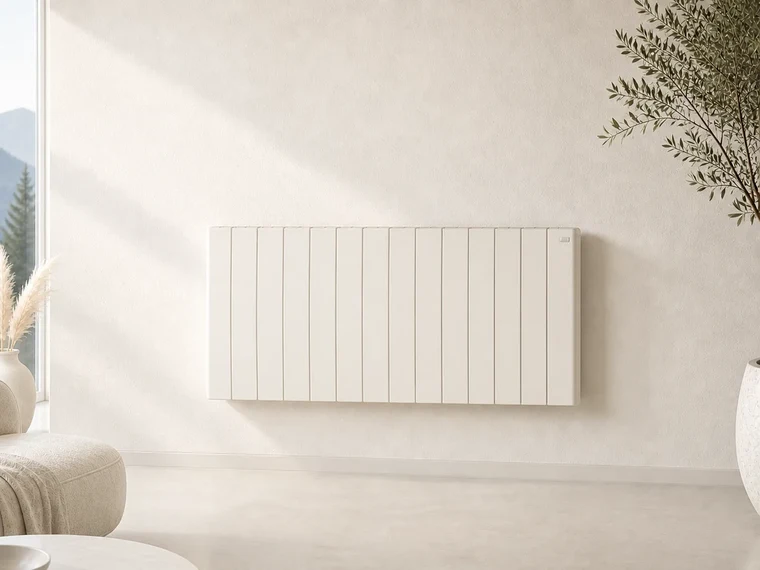 Salon ultra moderne avec radiateur blanc Eco Chaleur en pierre stéatite