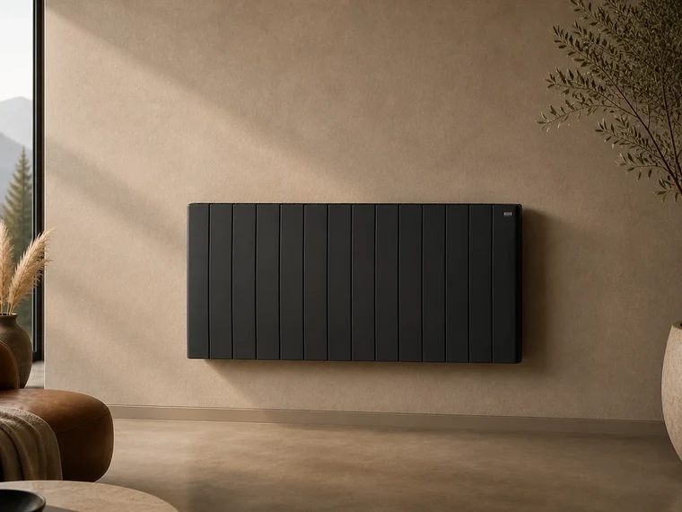 Salon ultra moderne avec radiateur noir Eco Chaleur en pierre stéatite